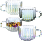 4pcs Vintage Iridescent Glass Coffee Mugs-Seamless Design, 15 Oz Ribbed Glass Mugs with Handle, Lead-Free Coffee Cups for Latte, Cereal, Yogurt, Hot/Cold Beverage, Coffee Lovers Gifts