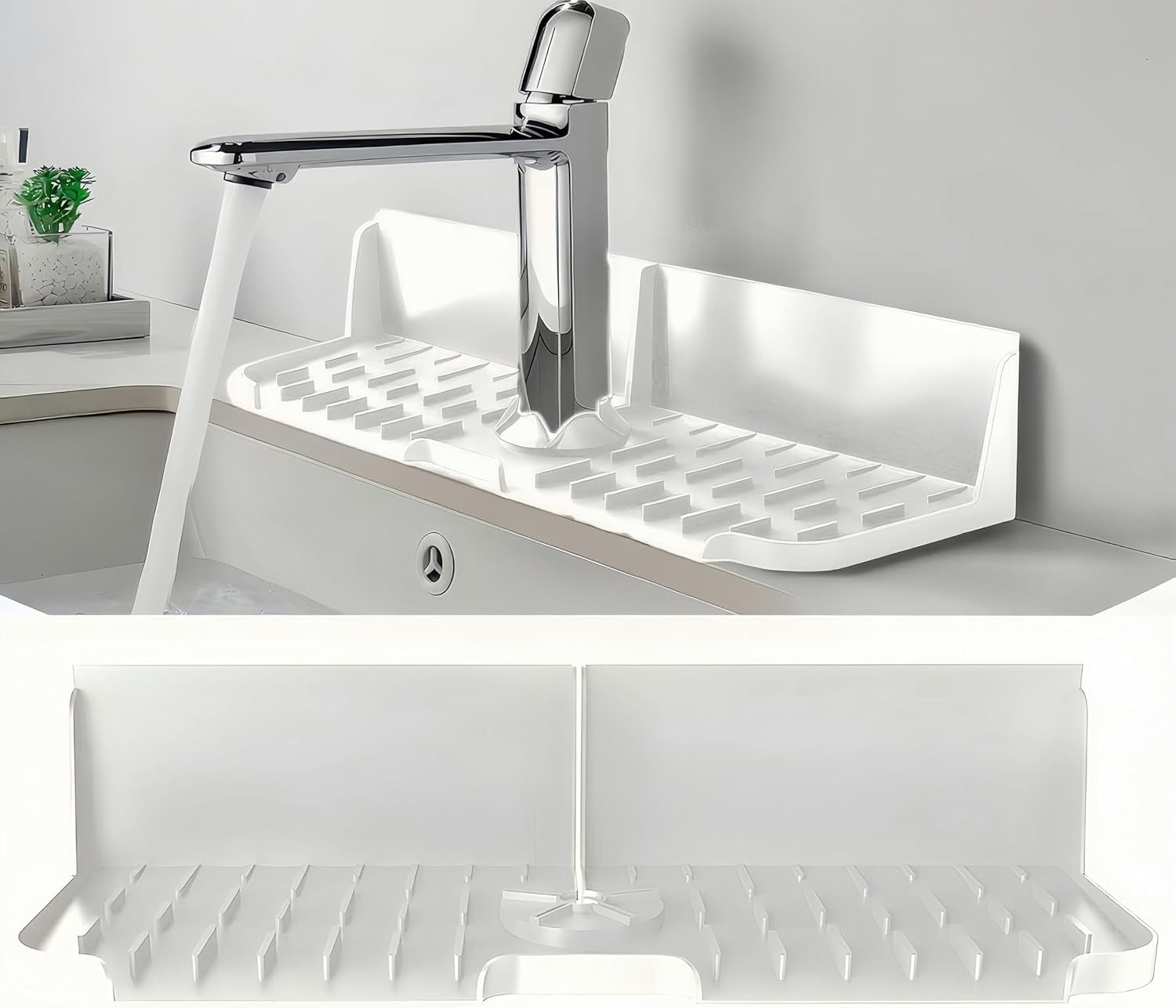 Silicone Kitchen Sink auto Drain Organizer, Kitchen countertop and Sink Splash Guard.Kitchen Sponge Rack and organizing Shelf，Suitable for Cleaning Tools, dispensers, Bottles, Cups (Transparent)