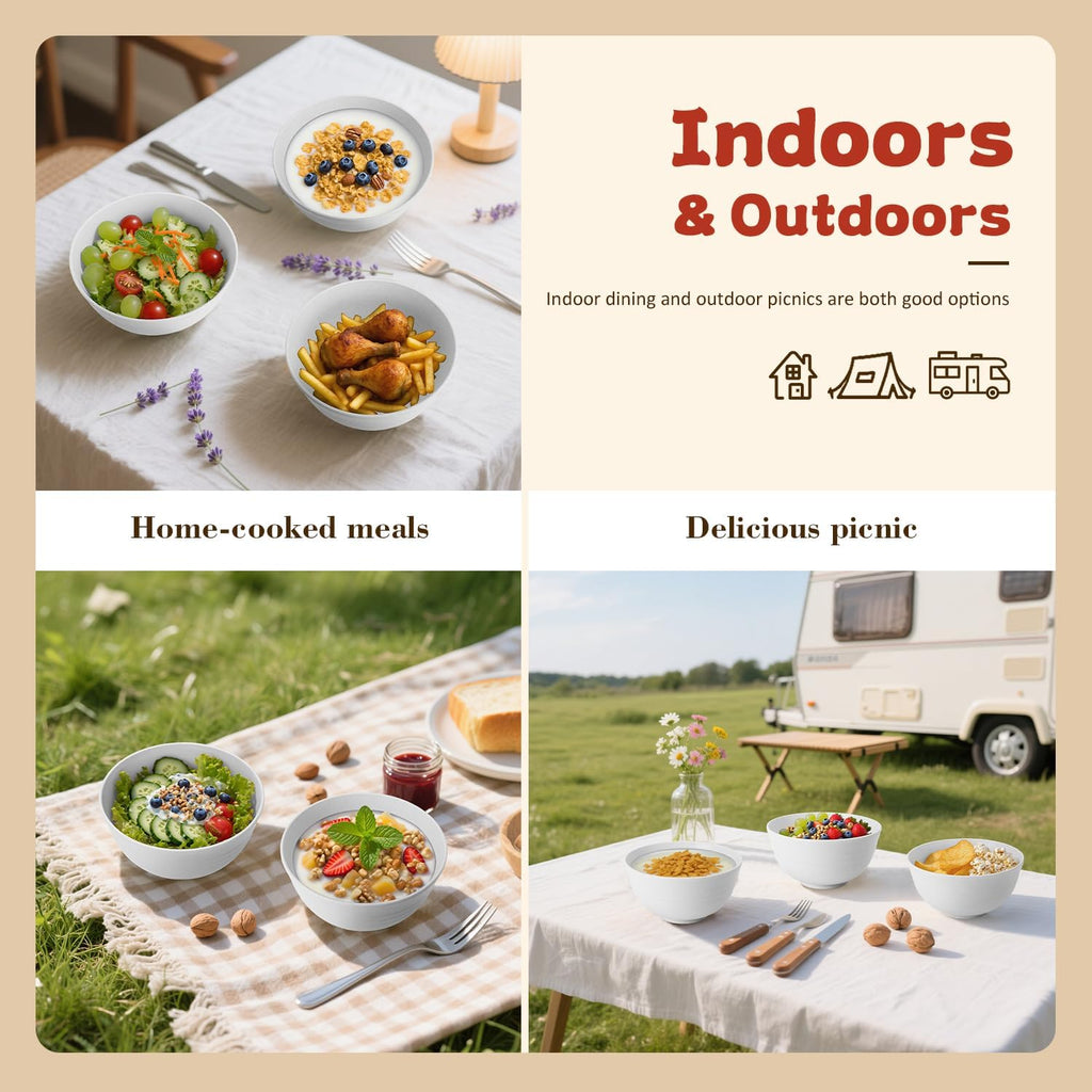 Wheat Straw Camping Bowls Sets of 6,Unbreakable 26oz Lightweight Bowls Sets for Outdoors Activity,Breakfast Bowls for Cereal and Salad.White Series