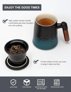 suyika Tea Cup with Infuser and Lid, 15.2 Ounce Wood Handle Ceramic Loose Leaf Mug Gradient Black&Green 450ml