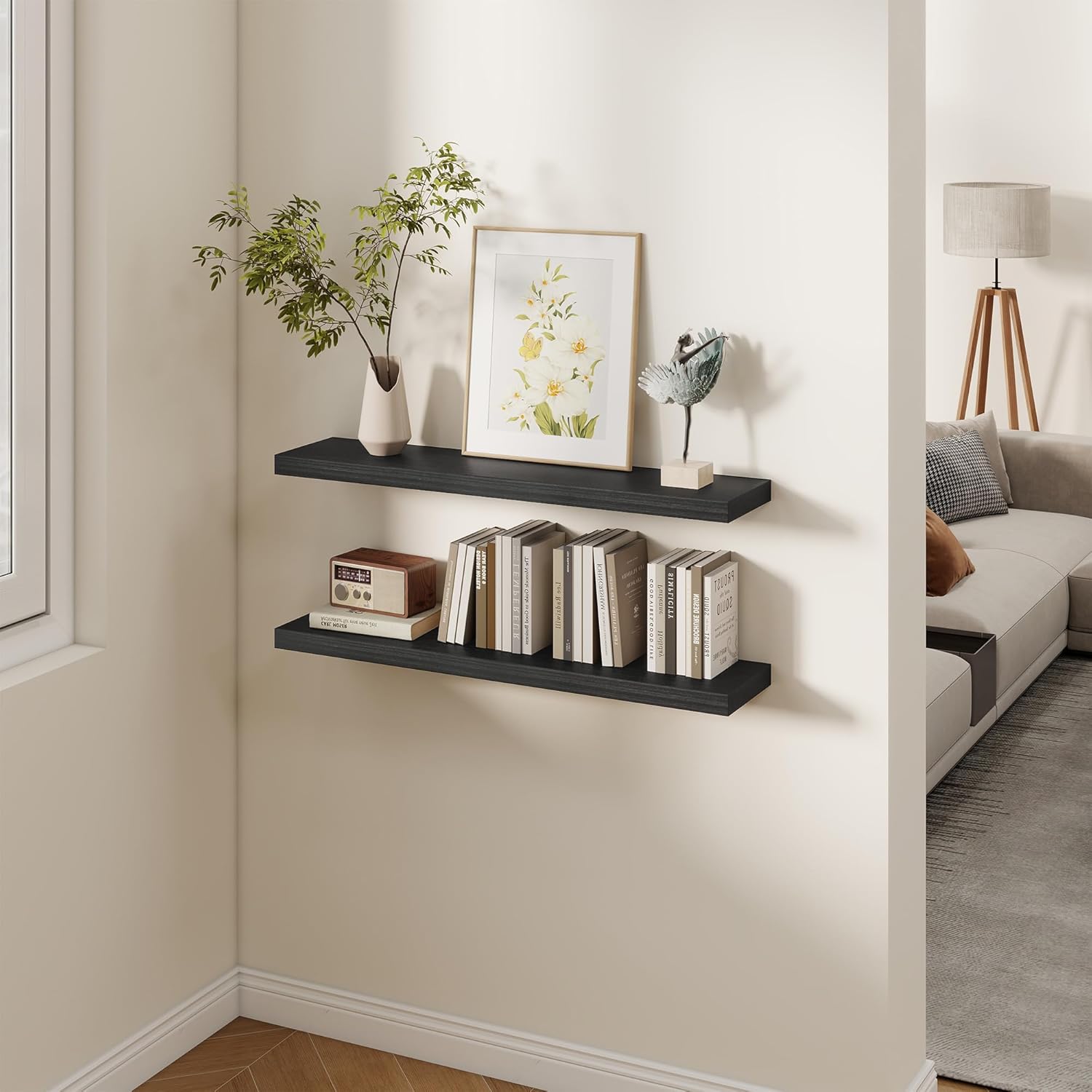 Fun Memories Rustic Real Wood Floating Shelves, 8 Inch Deep Floating Shelf Wall Mounted, 36" W x 8" D Wall Shelves Storage Shelves for Living Room, Bedroom, Bathroom, Black Finish, Set of 2