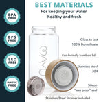 mayu Travel Water Bottle with Bamboo Lid - Borosilicate Glass Eco Friendly BPA Free | Adult and Kids Bottles with Cap - Leak Free Design - Non Toxic Reusable Hydration for Everyday Use | 0.5L, 17OZ