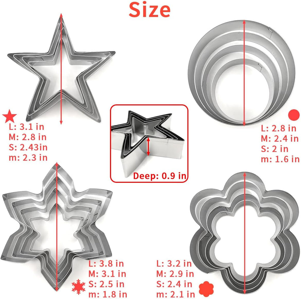 Basic Cookie Cutters 16Pcs, Star Round Flower Snow Shapes Cookie Cutter 4 Size, Biscuit Fondant Cutters Pancake Molds for Baking Decorating Daily Holiday Birthday Party