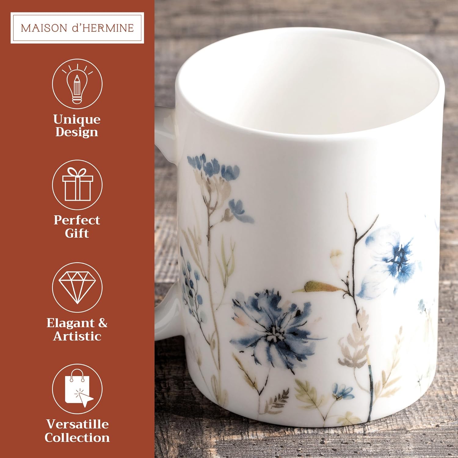 Maison d' Hermine Coffee Mug with Handles Fine Bone China Mugs Pack of One Tea Cups for Hot Beverages Cappuccino Latte Home Restaurant Office Perfect for Gift (Ice Florals - Forsty Morning, 15 Ounce)