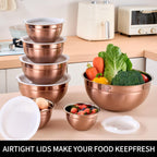 Rose Gold Mixing Bowls with Lids Set of 7, Stainless Steel Nesting Bowl with Khaki Lid for Non-slip Mixing Prepping Storing Serving, 7 Sizes-7/3.6/2.7/2.1/1.5/1/0.8 QT