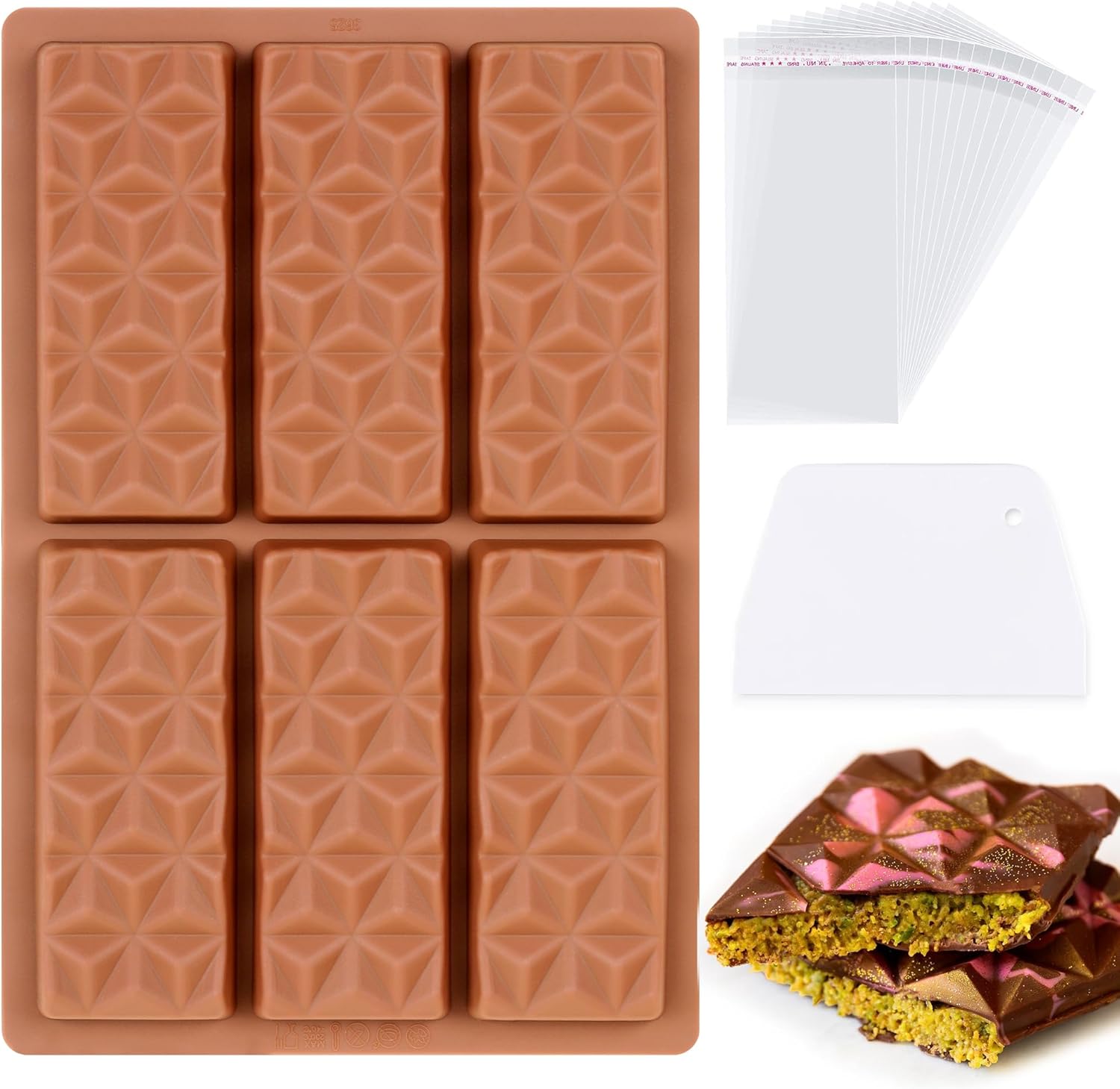 1 Pc Chocolate Bar Mold Deep Dubai Stuffed Silicone Molds for Filling Knafeh Pistachio Chocolate Bar and Wax Melts Rectangle Thick Candy Bar Molds Break Apart (Pyramid）