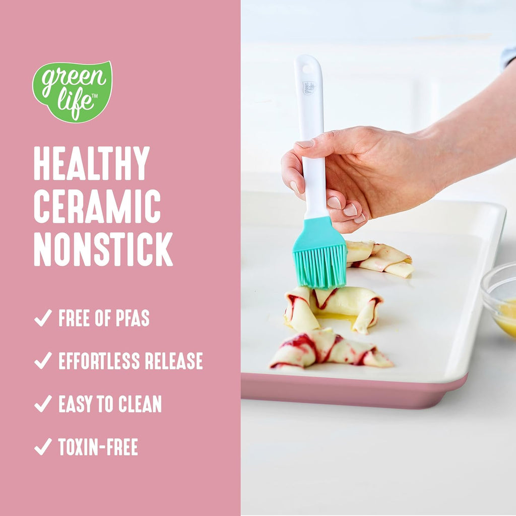 GreenLife Bakeware 18” x 13” Half Cookie Sheet Baking Pan, Non-Toxic PFAS-Free Healthy Ceramic Nonstick, Oven Safe to 450°F, Easy Release, Even Heating, Easy Clean, Pink