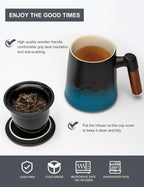 suyika Tea Cup with Infuser and Lid, 15.2 Ounce Wood Handle Ceramic Loose Leaf Mug Gradient Black&Blue 450ml
