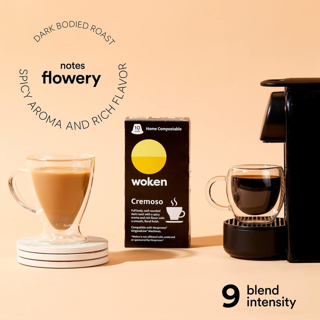 WOKEN COFFEE Compostable Nespresso Pods - Cremoso Dark Roast Italian Espresso Coffee Capsules Compatible With Nespresso Coffee Machine (100 Pod Count, 10 Boxes)