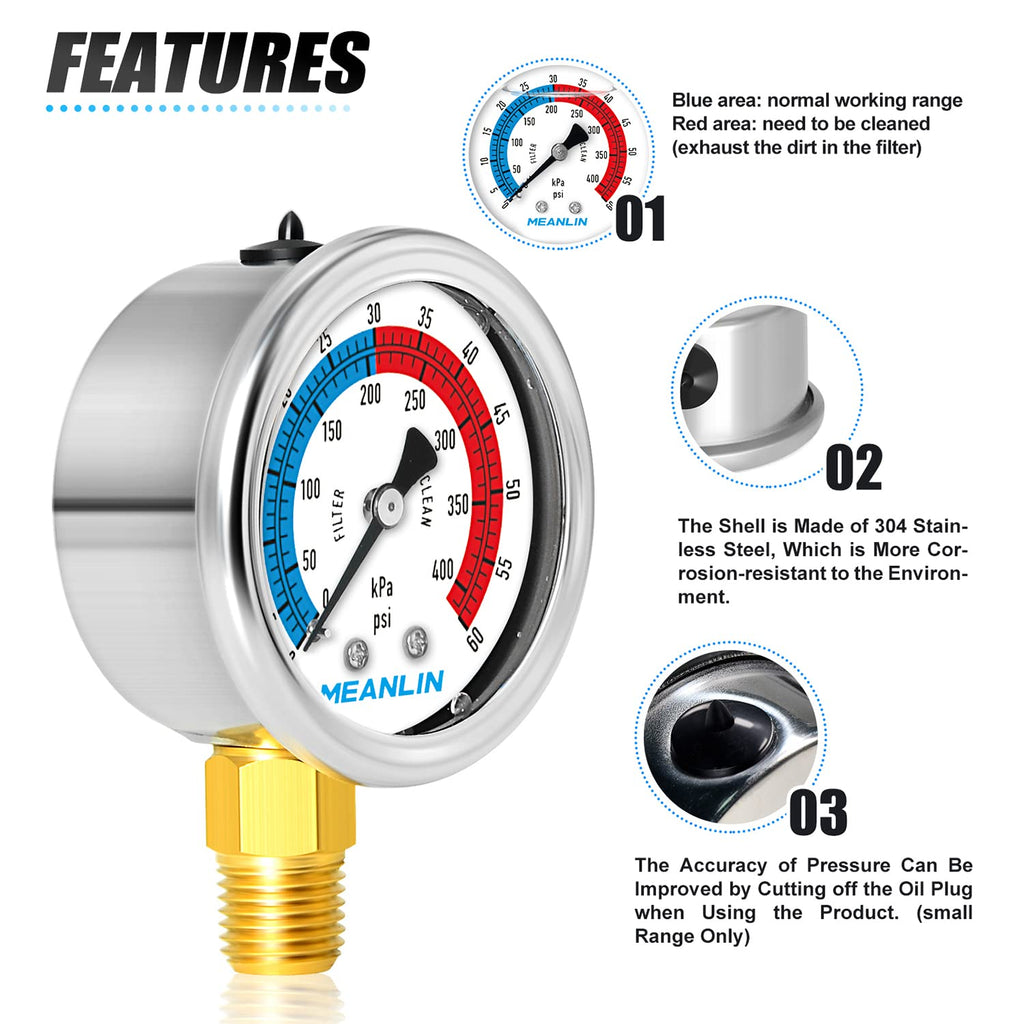 MEANLIN MEASURE 1/4" NPT 0-60psi Pressure Gauge, 2" Dial Glycerine Filled Pool Filter, 304 Stainless Steel Housing, Lower Mount, with 1/2" NPT and 3/8" NPT Hex Bushing