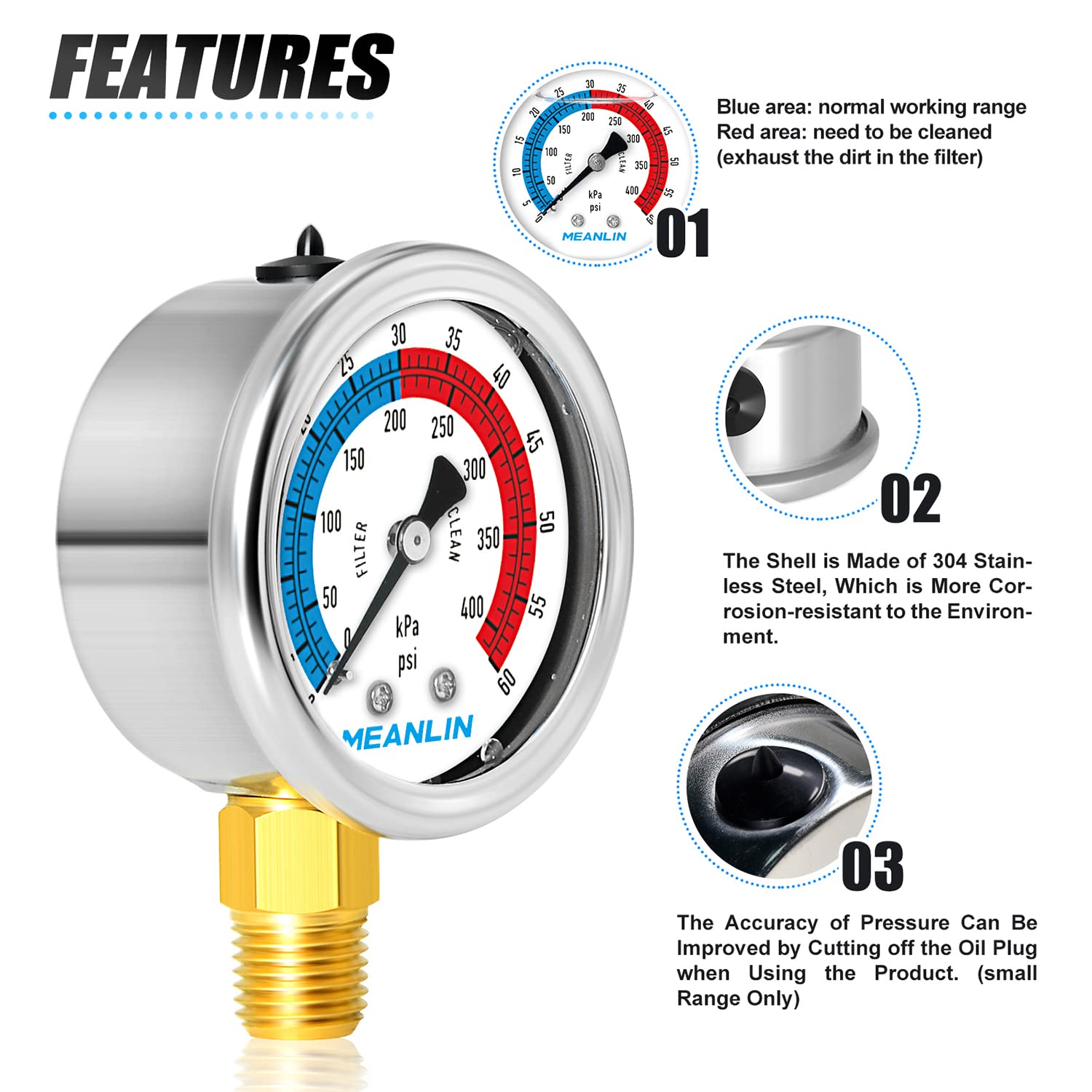 MEANLIN MEASURE 1/4" NPT 0-60psi Pressure Gauge, 2" Dial Glycerine Filled Pool Filter, 304 Stainless Steel Housing, Lower Mount, with 1/2" NPT and 3/8" NPT Hex Bushing