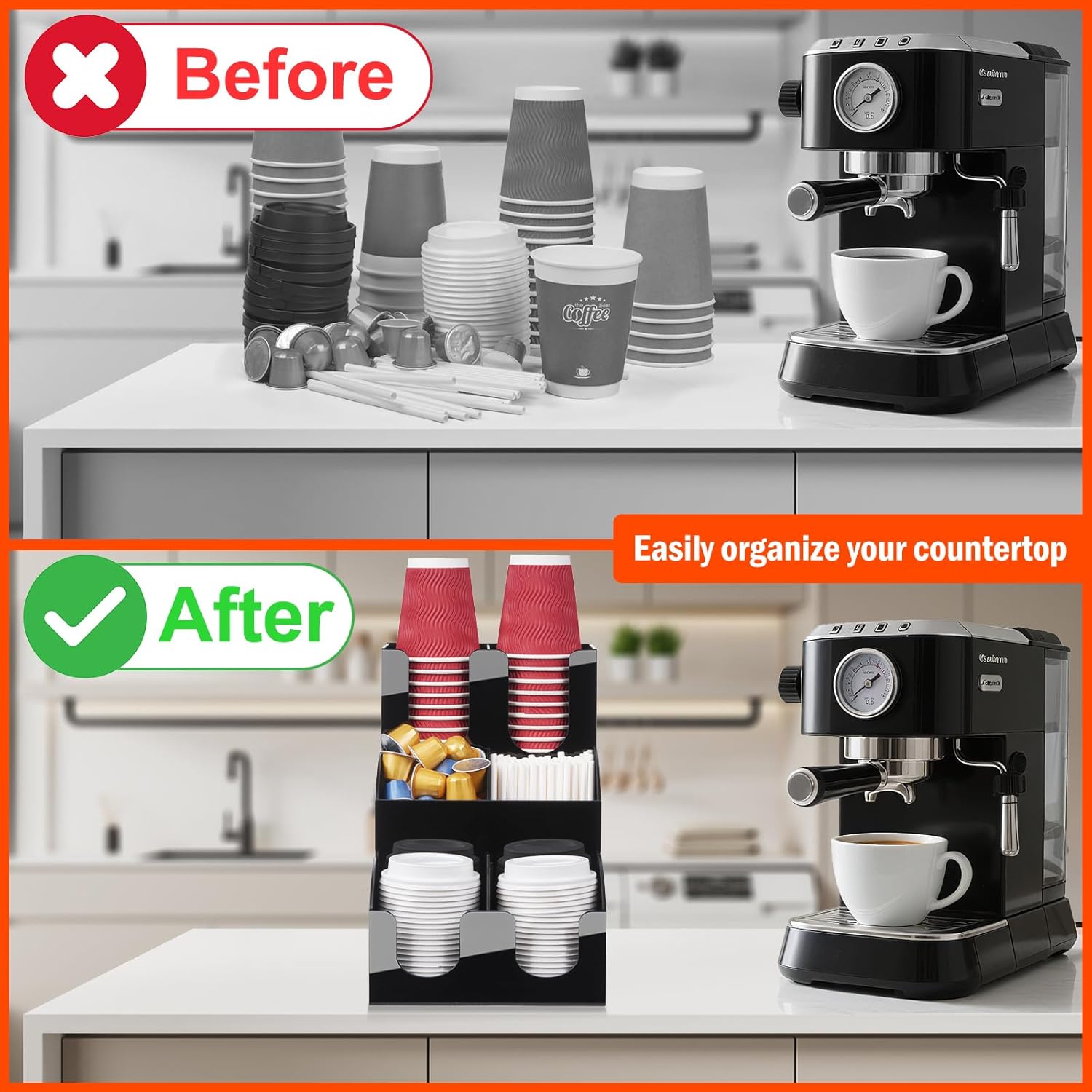 MYITYARD Coffee Station Organizer, Coffee Cup Holder for Countertop, Cup and Lid Dispenser with 6 Compartment, Cup and Condiment Station for Home, Kitchen, Office and Breakroom