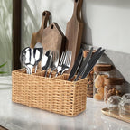 Ayiaren Wicker Flatware Silverware Caddy Cutlery Holder Kitchen Silverware Organizer Storage for Countertop Small Utensil Holders Party Table Spoon Knives Fork Holder Flatware Utensils Caddy Basket