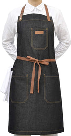 Denim Chef Apron with Pockets, Mens Womens Professional Kitchen Bib Black Apron for Cooking Grill BBQ Server, with Towel Loop and Adjustable Neck Straps