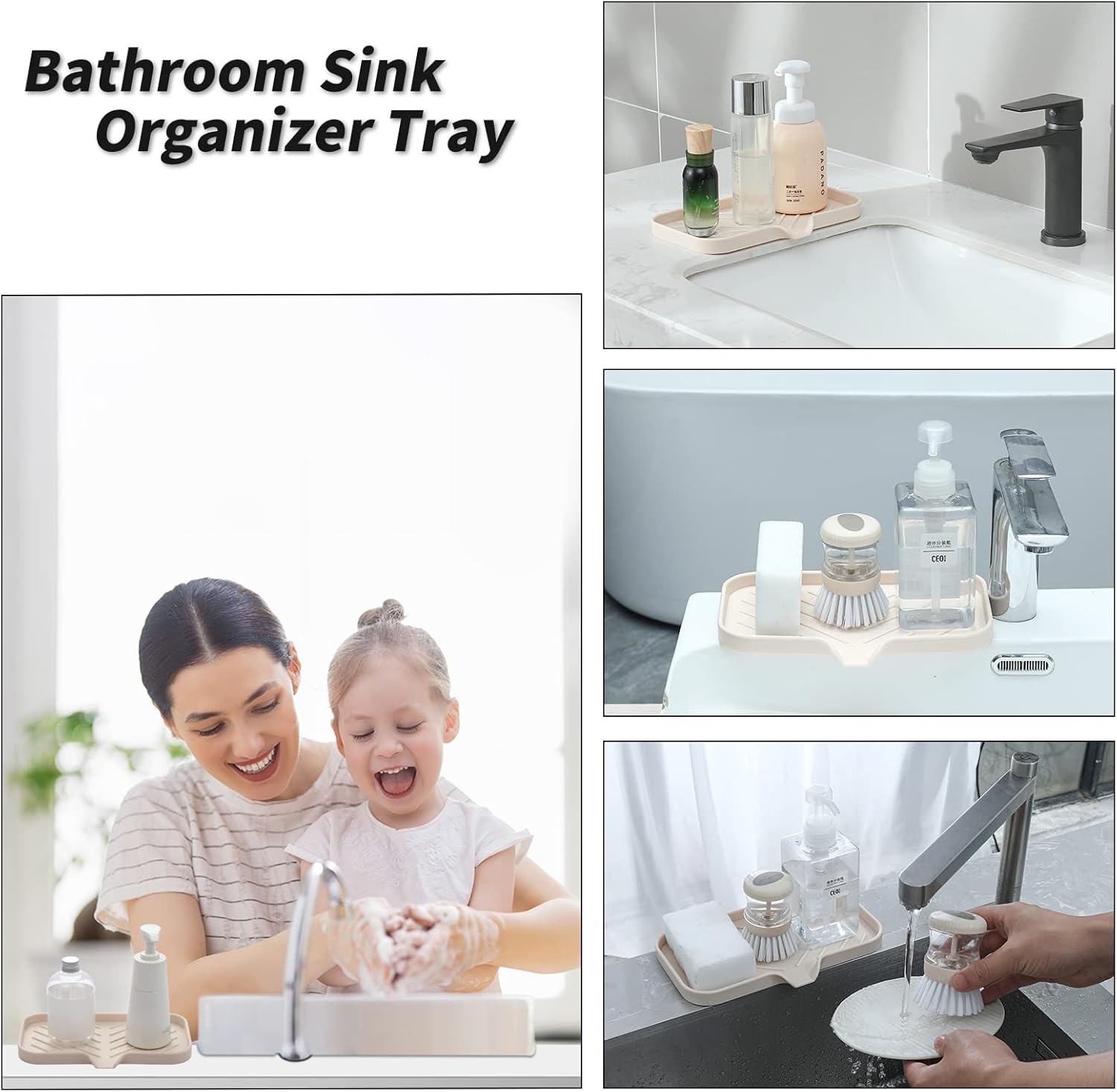 Silicone Bathroom Soap Dishes with Drain Spout-Bathroom and Kitchen Sink Organizer,Sponge Holder,Dish Soap Tray,Perfect for Dispenser,Scrubber,Bottle,Cup on Sink or Counter-Tapioca 9.6"×5.3"