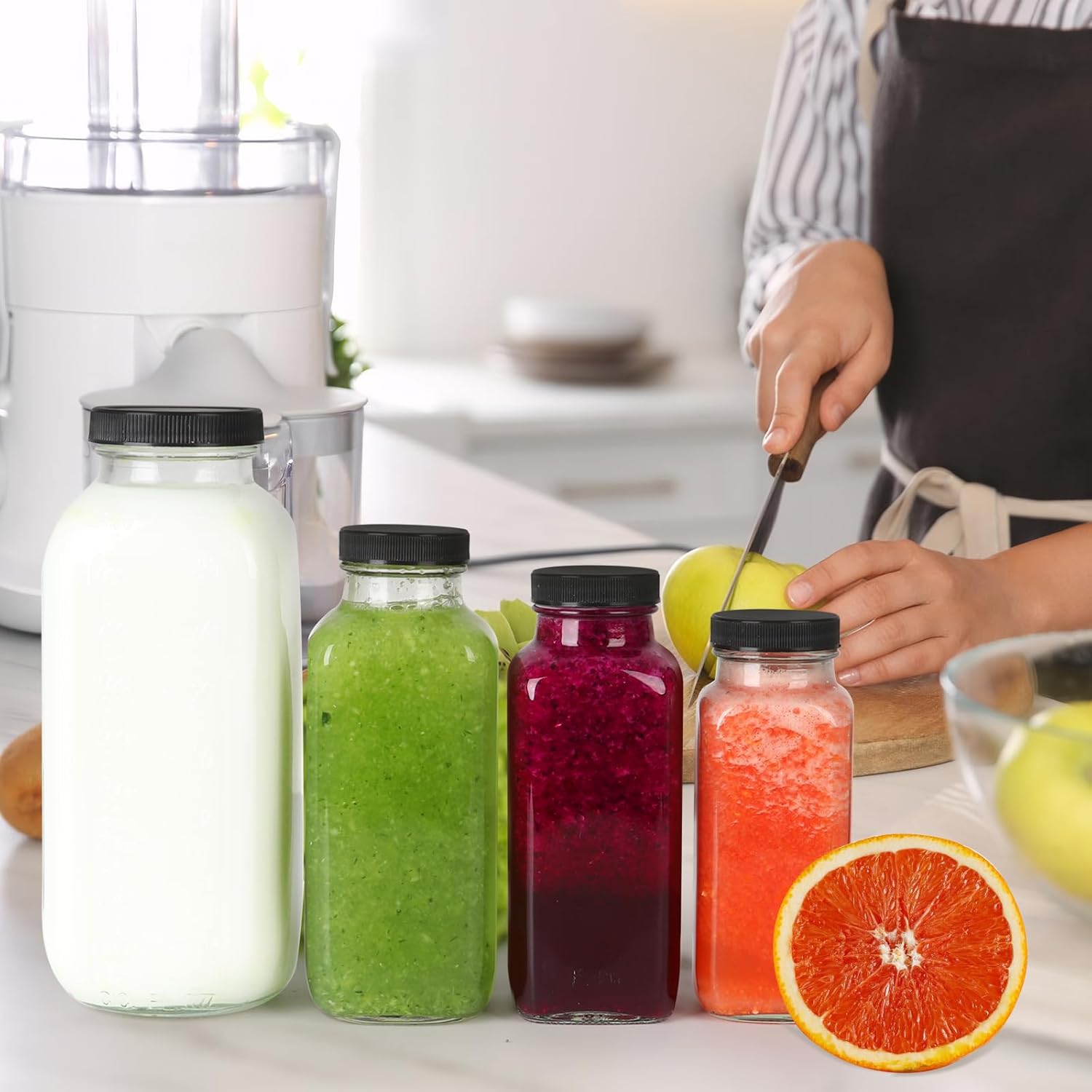 16 oz Glass Juice Bottles with Lids 6 Pack,Reusable Glass Drink Bottles,500ml Water Drinking Jars for Milk,Juicing,Kombucha,Ginger,Beverage Glassware,Juice Drinking Jars