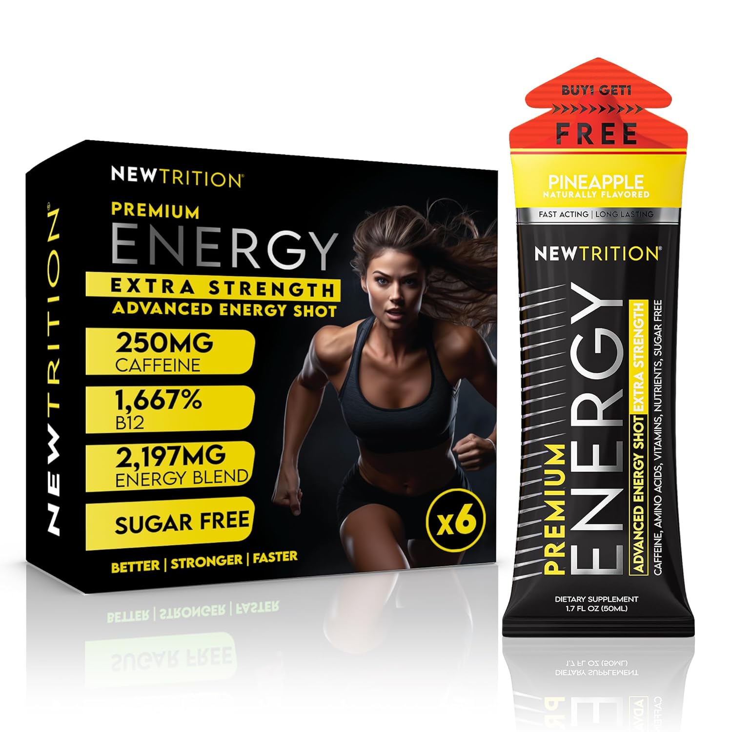 NewTrition® Extra Strength Energy Shots, 250mg Caffeine Energy Shots with Vitamin B & Amino Acids, Sugar-Free Vitamin Energy Shot, 1.7 fl oz (Pack of 6, Pineapple)
