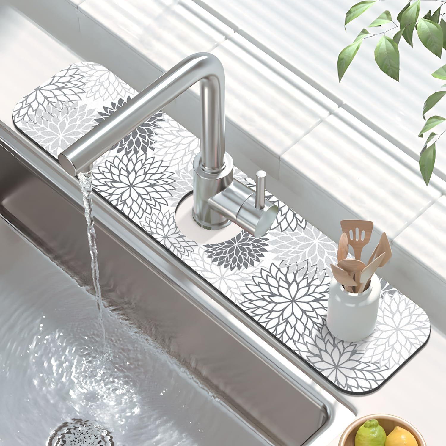 Findosom 2PCS 17" x 32" Dish Drying Mat & 24" x 5.5" Sink Splash Guard, Super Absorbent & Cuttable Dish Mat Drying Kitchen Mat with Gray Floral, Hide Stain Drying Mat for Kitchen Counter