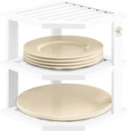 Cabinet Organizer Shelf - Bamboo Corner Rack for Kitchen Counter, Cabinet Space Saver for Plates, Dishes, Bowls, Bread Pantry, Bathroom Storage or Countertop Stand, White