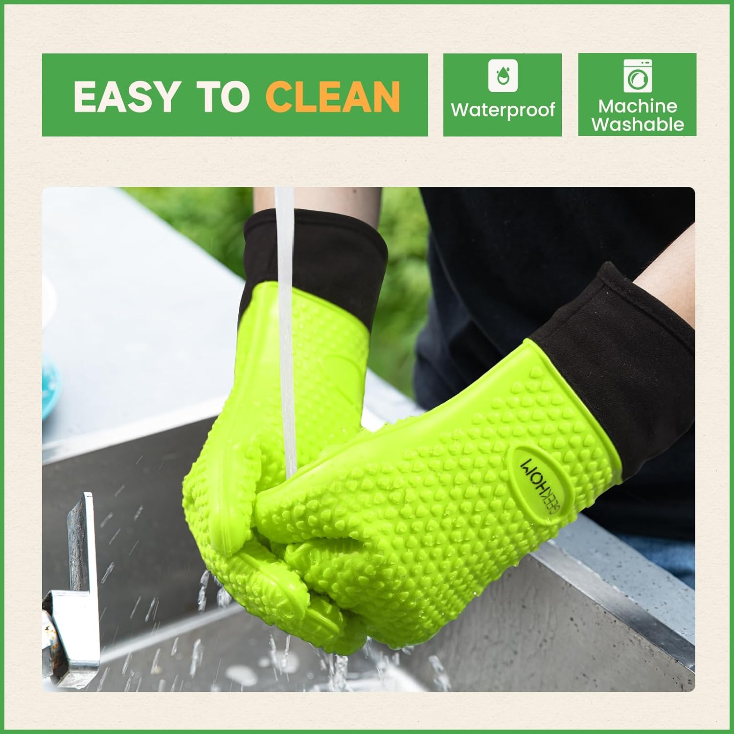 GEEKHOM BBQ Gloves Heat Resistant Oven Mitts - Silicone Grilling Gloves with 13.7" Arm Protection - Waterproof Pot Holder Non-Slip for Men & Women, Kitchen Outdoor Cooking, Baking, Camping, Green