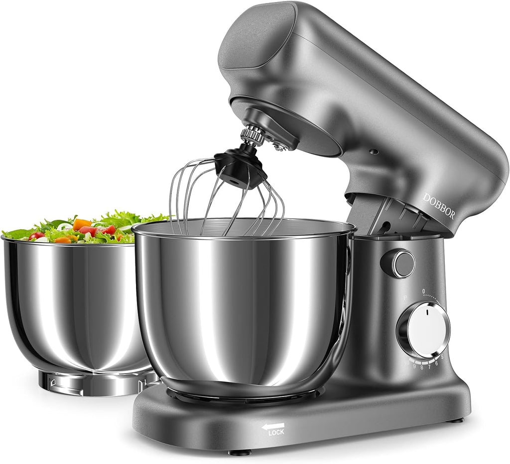 Stand Mixer with 3QT+3.5QT Dual Bowls, 10-Speed Electric 300W Food Mixer - Includes Egg Whisk, Dough Hook & Flat Beater for Home Baking & Daily Cooking (GraySilver)