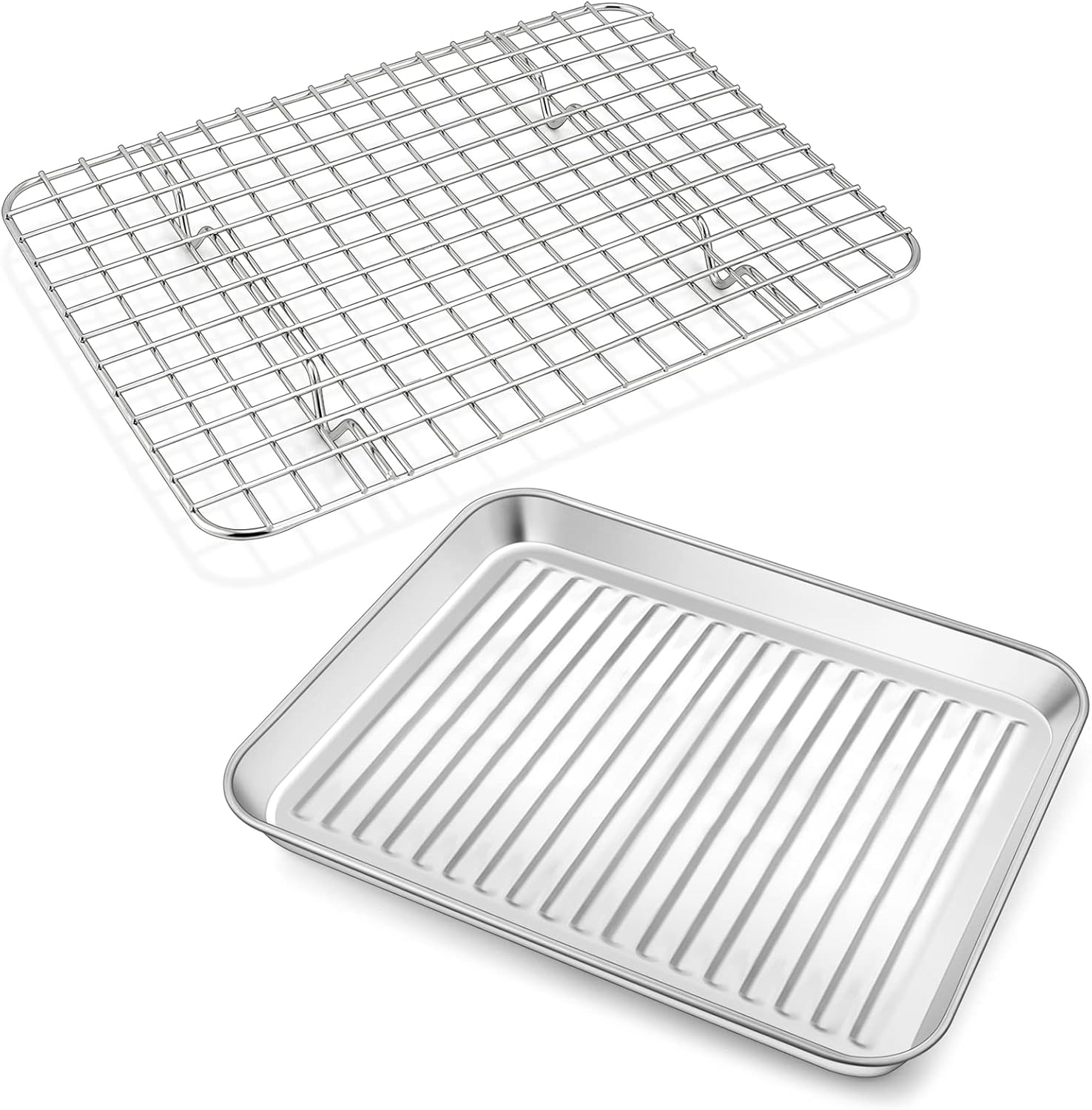 P&P CHEF Toaster Oven Pan with Wire Rack, Stainless Steel Baking Oven Sheet Tray, Bacon Pan and Cooling Rack for Cooking Roasting Cookie, Dishwasher Safe & Easy Clean, 9 x 7 x 1 Inch