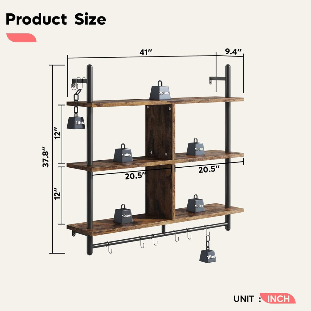 Bestier Floating Pipe Shelving Kitchen Shelves Wall Mounted 3 Tier 41.5" Ladder Coffee Bar Shelf Hanging with Circular Tube, Display Bookshelf Storage for Living Room Kitchen, Rustic Brown