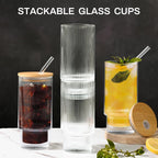 16OZ Ribbed Glass Cups with Lids and Straws,Iced Coffee Cups with Bamboo Lid,Vintage Glassware for Whiskey Cocktail Beer Fruit Juice Glasses Tumbler(2 Pack)