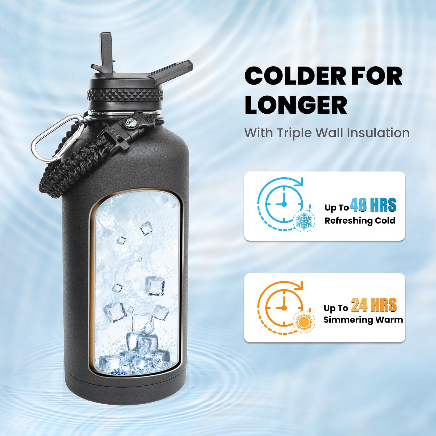 Insulated Water Bottle 87 oz, Triple Wall Vacuum Stainless Steel (Cold for 48 Hrs), Leak Proof & Non-BPA, Modern Water Flask Jug with Paracord Handle & Straw Spout Lids, Magic Black