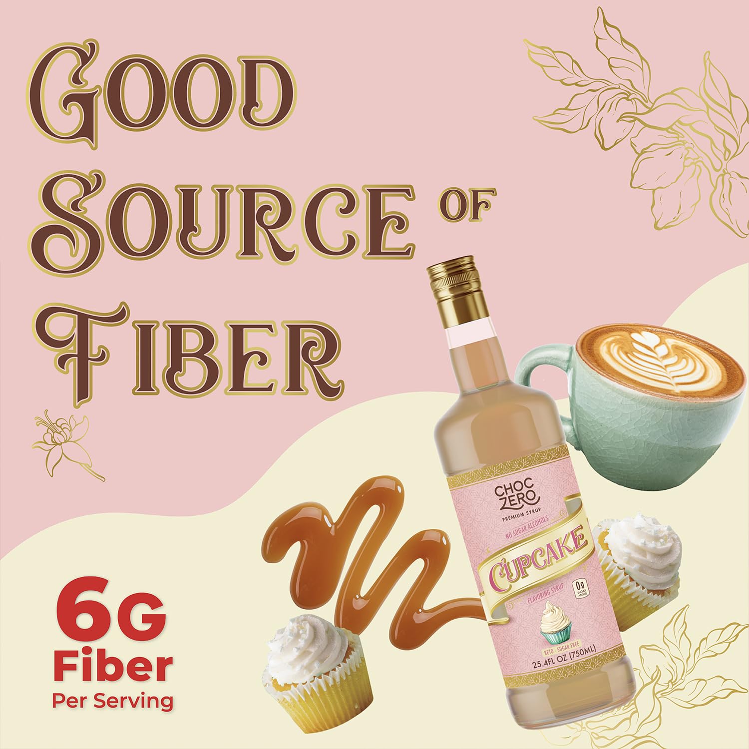 ChocZero Sugar Free Coffee Syrup, Cupcake Flavor, No Sucralose Simple Syrup Drink Mix, Birthday Cake Frappe, Protein Shakes & Baking, All Natural, 25.4 Ounces (Pack of 1)