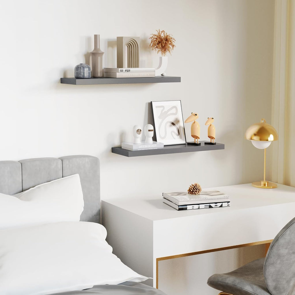 Floating Shelves for Wall, Gray Wood Wall Shelf Set of 2, 24" Walls Mounted Floating Shelf for Kitchen, Living Room, Bedroom, Bathroom Storage, Book Shelf for Walls Home Decor, Frame Display