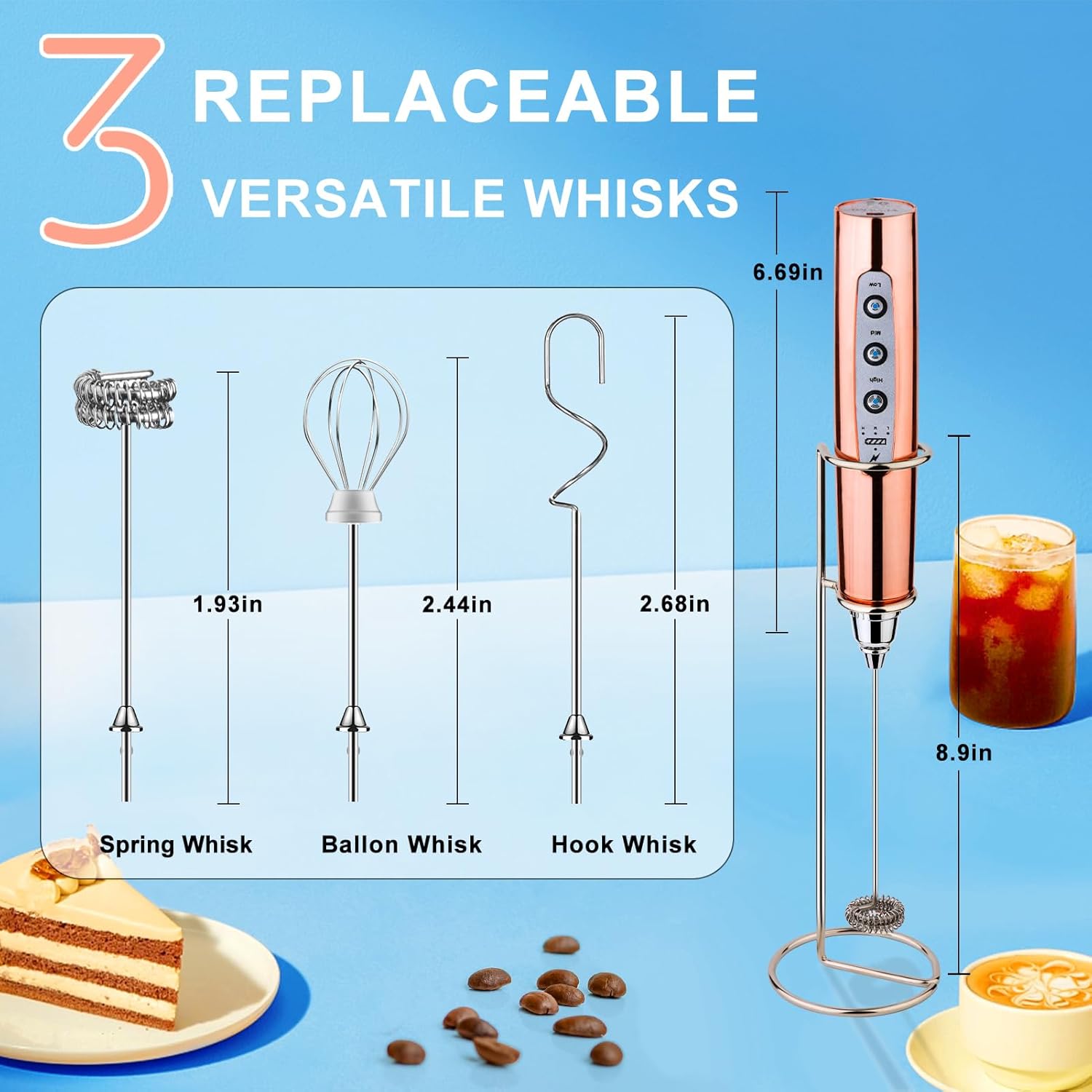 YUSWKO Rose Gold Handheld Milk Frother Wand with Stand for Coffee, Rechargeable Electric Whisk with 3 Heads 3 Speeds Drink Mixer Coffee Frother For Latte, Cappuccino, Hot Chocolate, Egg