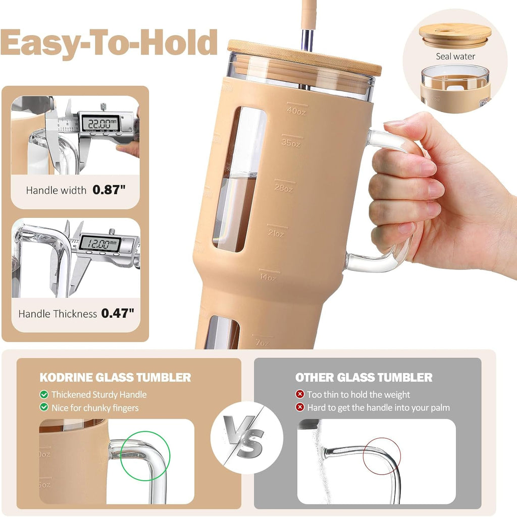 Kodrine 40 oz Glass Tumbler with Handle, Iced Coffee Tumbler with Straw and Bamboo Lid, Glass Drinking Cup with Silicone Sleeve Time Marker, Water Bottle Dishwasher Safe, Cup Holder Friendly, Amber