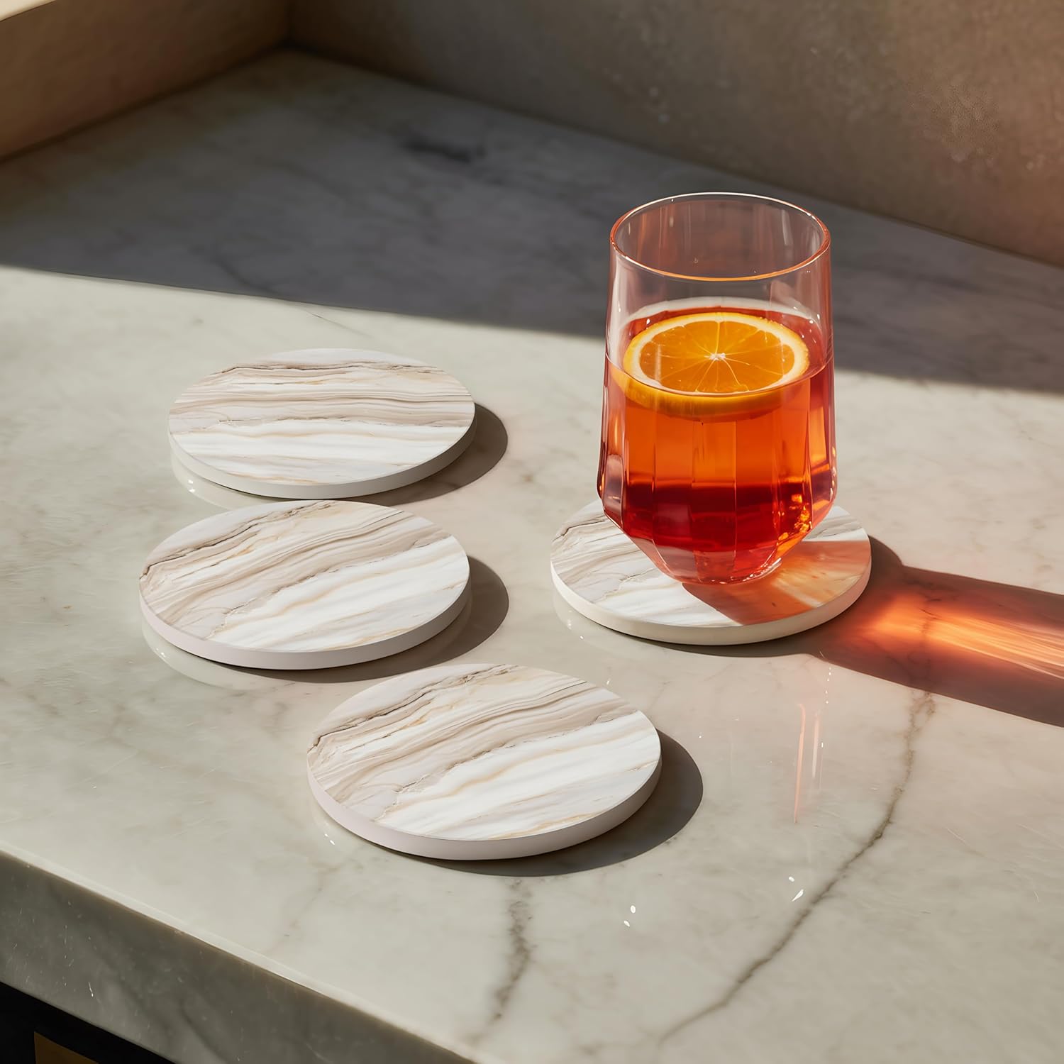 VEYRO Coasters Set of 6 for Drinks – Absorbent Ceramic Stone Drink Coasters with Cork Backing for Coffee Table & Desk, Modern Marble Look Cup Coaster Set, Housewarming Gift for New Home