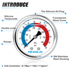 MEANLIN MEASURE 1/4" NPT 0-60psi Pressure Gauge, 2" Dial Glycerine Filled Pool Filter, 304 Stainless Steel Housing, Back Mount, with 1/2" NPT and 3/8" NPT Hex Bushing