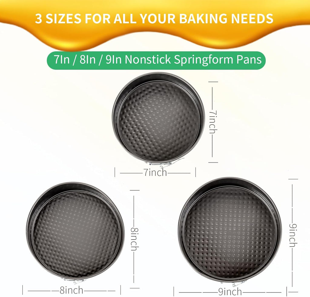 Springform Cake Pan Set – 3 Piece Nonstick 7, 8, 9 Inch Round Cheesecake Pans for Baking, Leakproof Cake Molds for Mousse, Birthday Layer Cakes, Quiche, Pizza & More