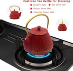 Small Cast Iron Tea Kettle for Stovetop Safe, Red Tea Pot Coated with Enameled Interior, Durable Teapot with Stainless Steel Infuser for Loose Leaf (1000ml/34oz)