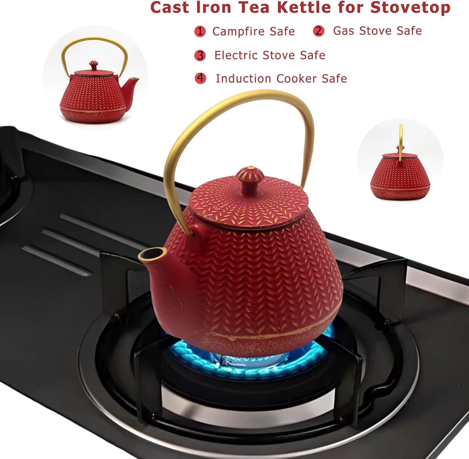 Small Cast Iron Tea Kettle for Stovetop Safe, Red Tea Pot Coated with Enameled Interior, Durable Teapot with Stainless Steel Infuser for Loose Leaf (1000ml/34oz)