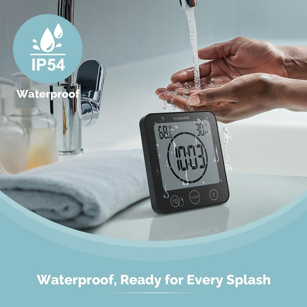 KADAMS Shower Clock Waterproof Bathroom Timer – Digital Wall Clock with Countdown, Magnetic Kitchen Clock with Temperature & Humidity, Suction Cup for Kids Shower Spa Sauna Cook Bath (Black)