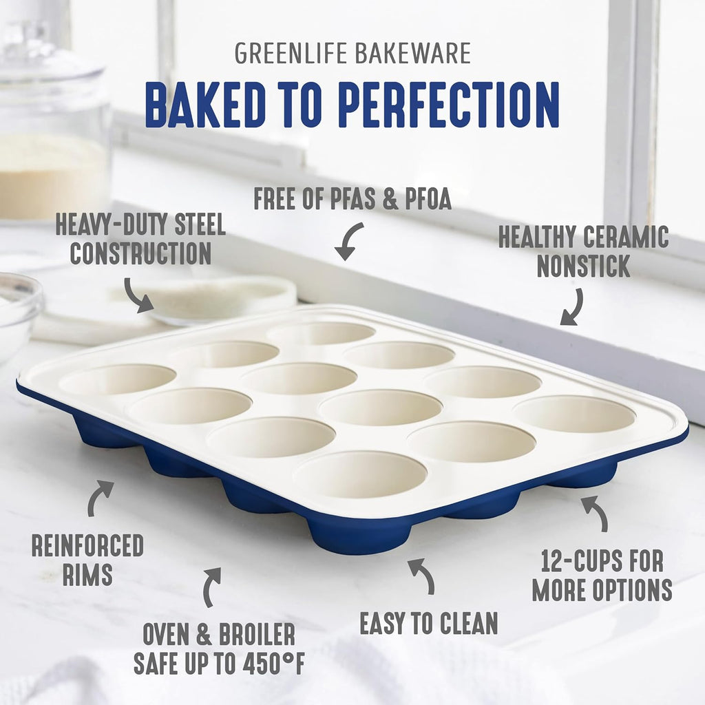 GreenLife 12-Cup Muffin Pan, Healthy Ceramic Nonstick Bakeware, PFOA & PFAS-Free Cupcake Sheet, Durable Baking Tray, Versatile Kitchen Essentials, Easy Clean Muffin Mold, Nonstick Baking Pan, Blue