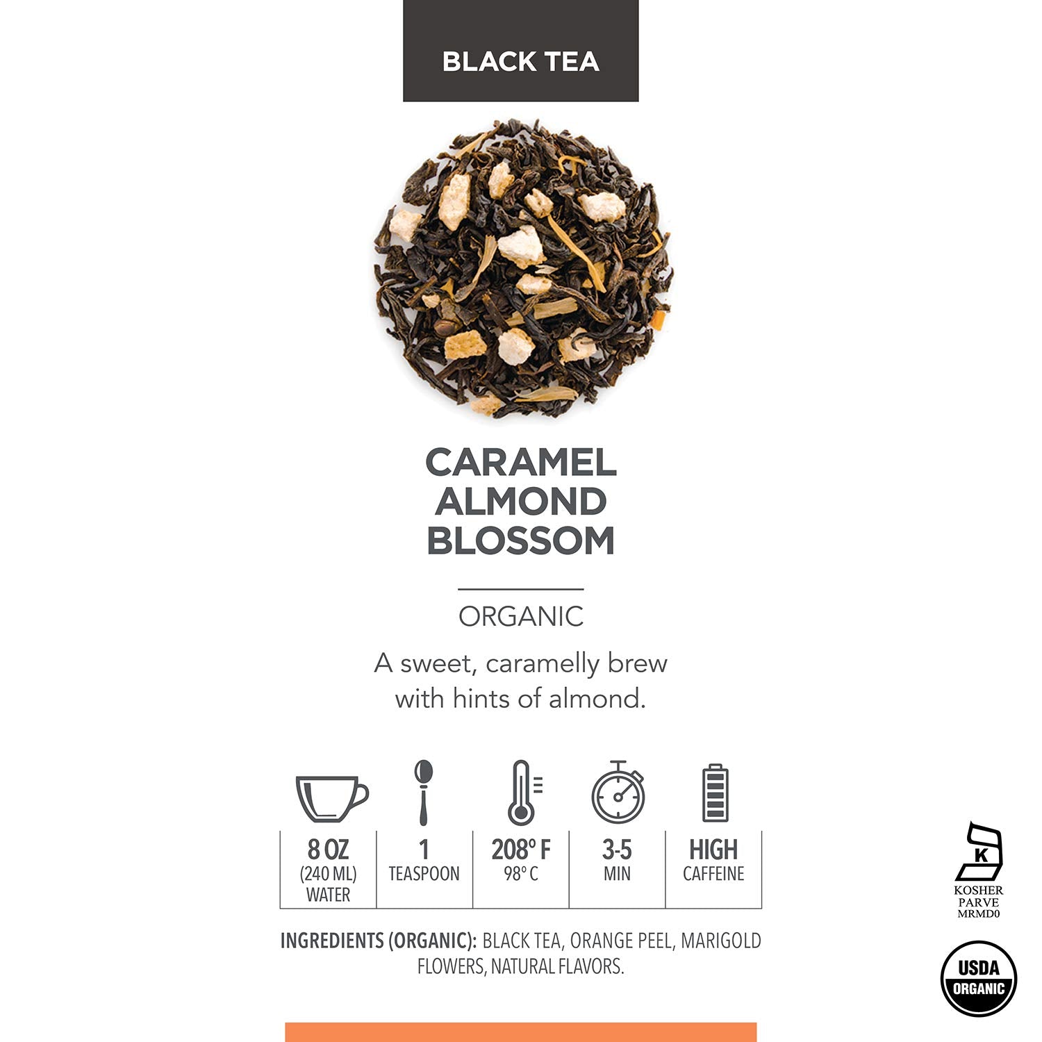 Teabloom Organic Black Tea, Caramel Almond Blossom Loose Leaf Tea, Luxury Dessert Tea, USDA Certified Organic, Certified Kosher, 2.80 Ounce Canister Makes 35-50 Cups