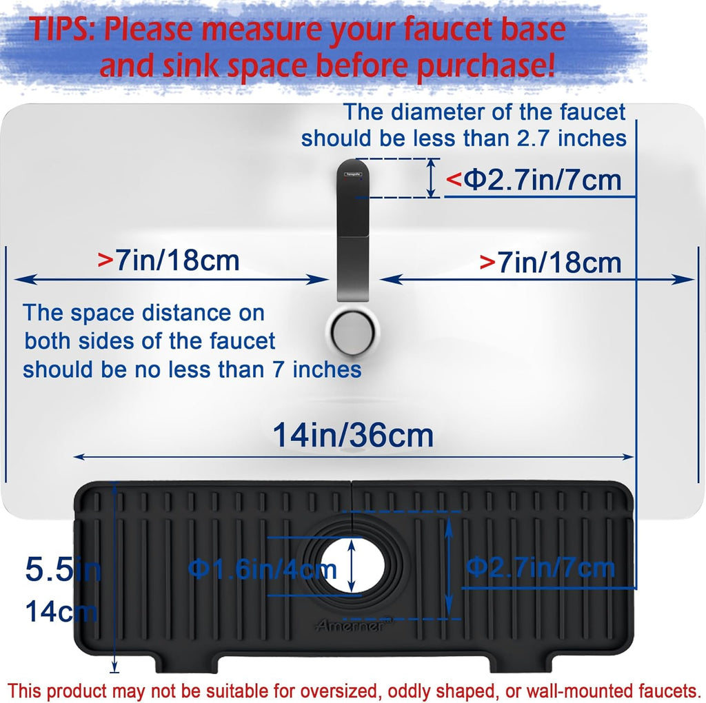 Kitchen Sink Splash Guard, 10° Large Slope & Adaptable Hole Faucet Mat for Kitchen Sink, Silicone Sink Organizer Sponge Holder for Kitchen, Bathroom, RV, Bar, 14.2” x 5.1”, Black