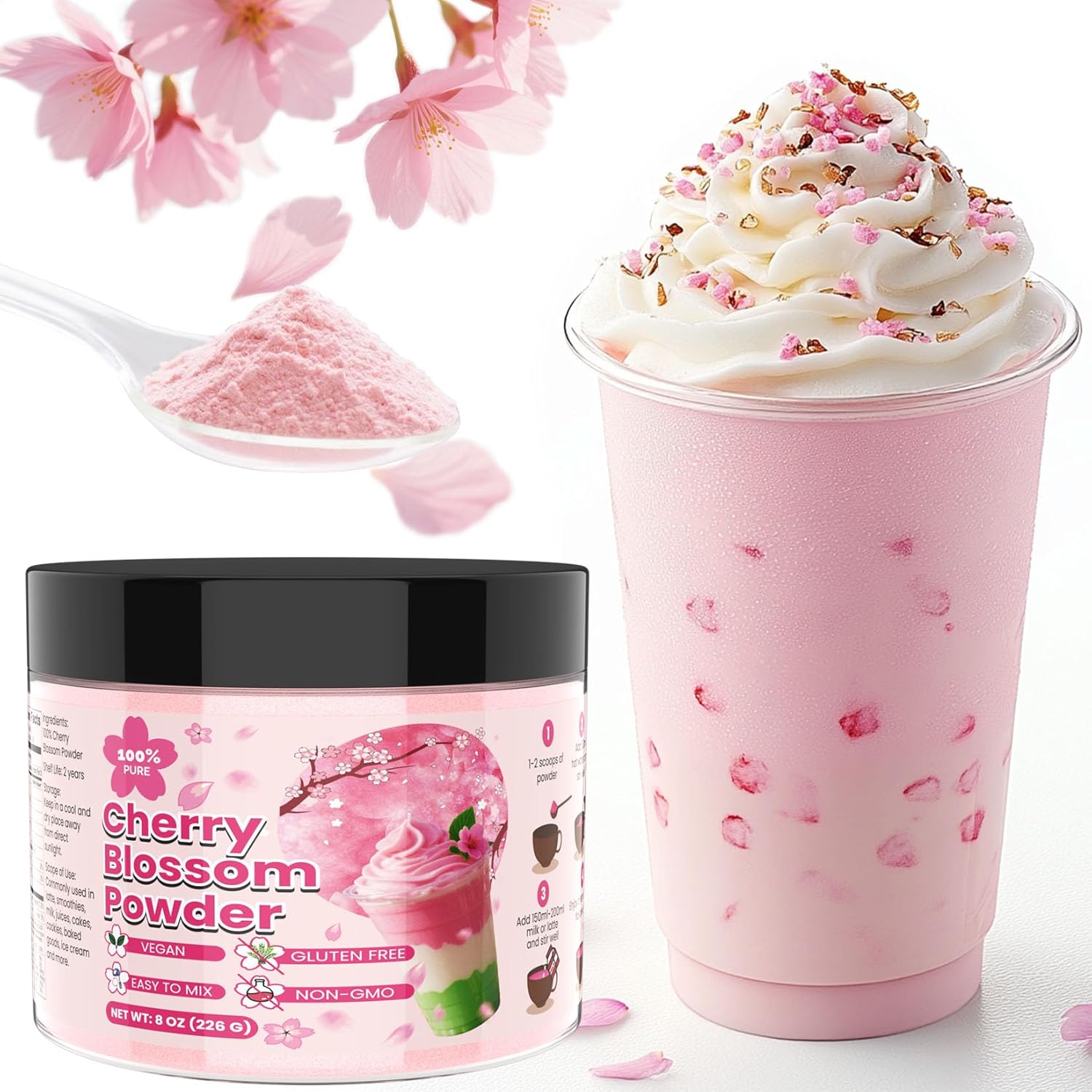 Cherry Blossom Powder - 8oz No Additive Sakura Powder for Baking, 100% Spring Season Cherry Blossom, Pink Color Natural Food Coloring, Perfect for Latte, Smoothies, Drinks - Vegan, Gluten Free