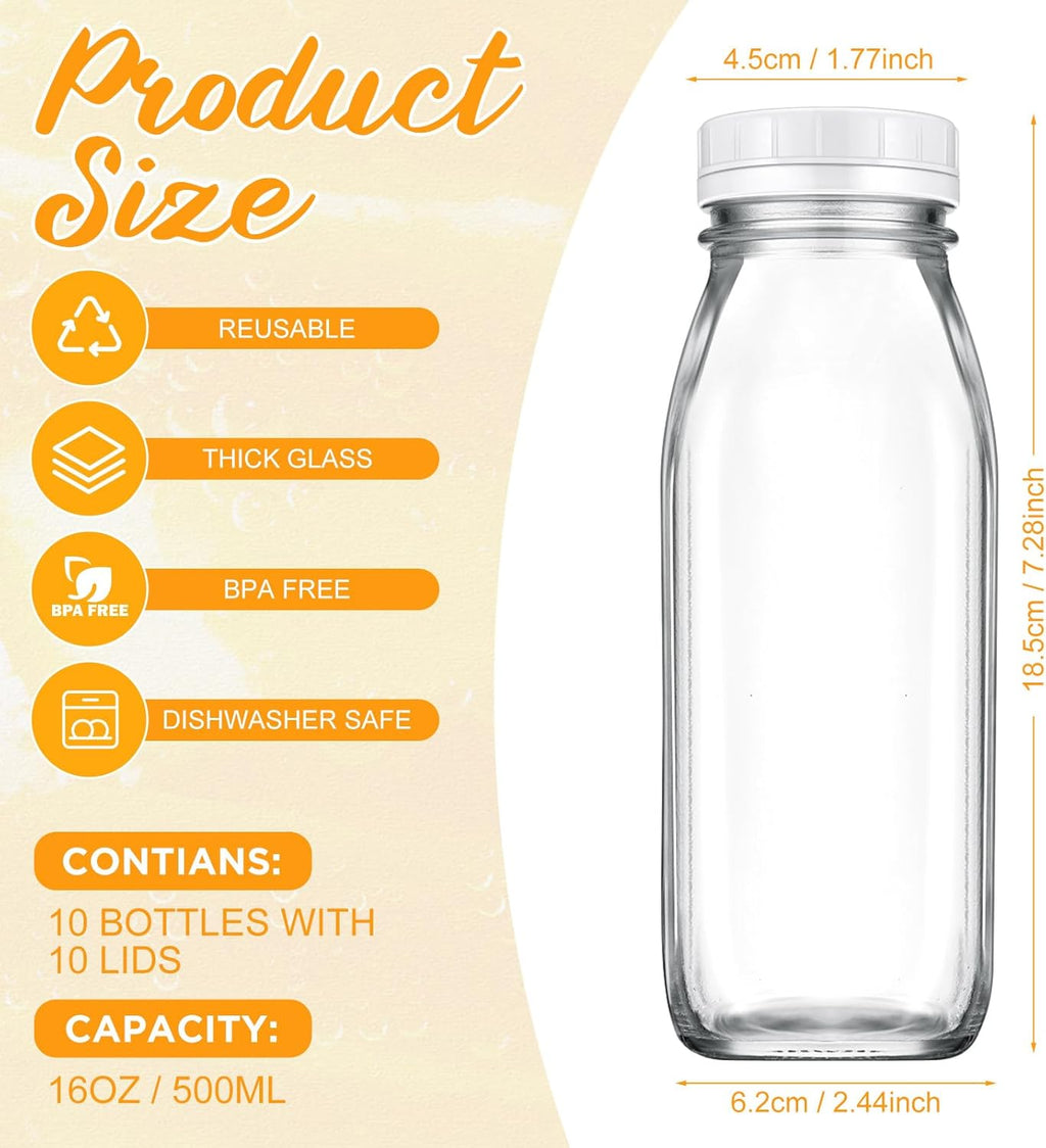 Suclain 10 Pcs 16 oz Glass Juice Bottle with Lids, Clear Reusable Milk Container for Refrigerator, Airtight Heavy Duty Dispenser Drinking Jar for Beverage, Oat, Honey Storage Supply