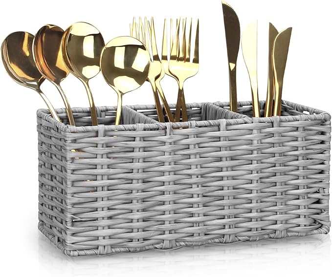 Ayiaren Grey Plastic Cutlery Silverware Holder Small Utensil Organizer Holders for Kitchen Counter Party Flatware Caddy Table Silverware Organizer Basket Spoon Knife Fork Holder Picnic Utensil Caddy