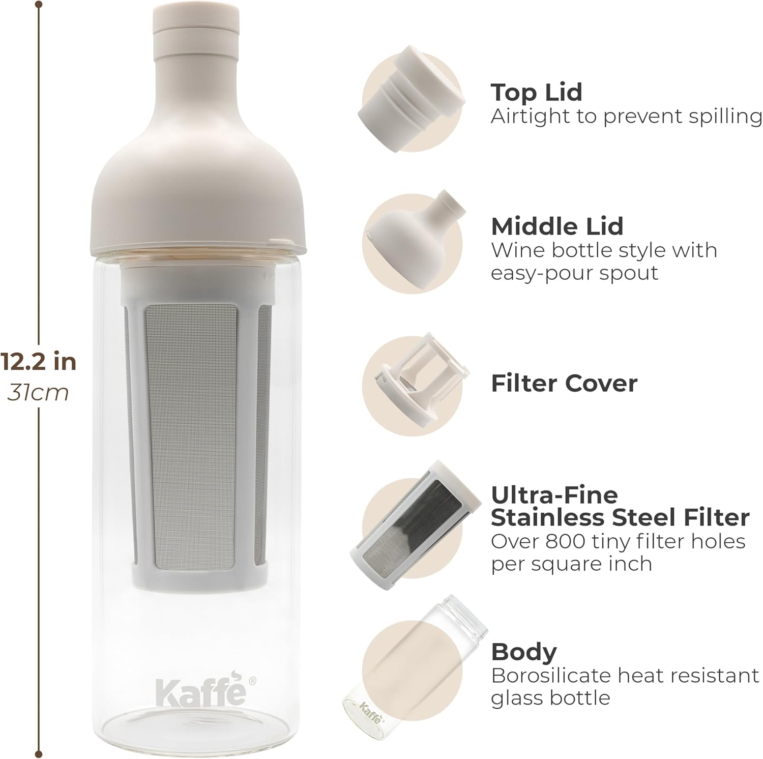 Kaffe Cold Brew Coffee Maker (38oz / 1L) - Borosilicate Glass, Airtight Seal & Dishwasher Safe - Iced Coffee Maker Bottle - Removable Mesh Filter - Up to 6 Cups of Cold Brew Coffee