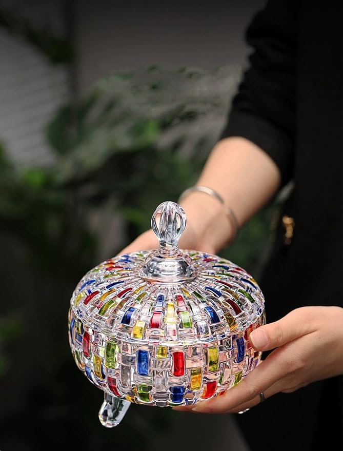 MAGCOLOR Elegant-Hand Painted Colorful Large Crystal Glass Candy Box,Christmas Candy jars with Lid,Storage Jewelry Jar,Candy dish covered,Great Gift for Family Friends-24 oz-Cute Candy servers.