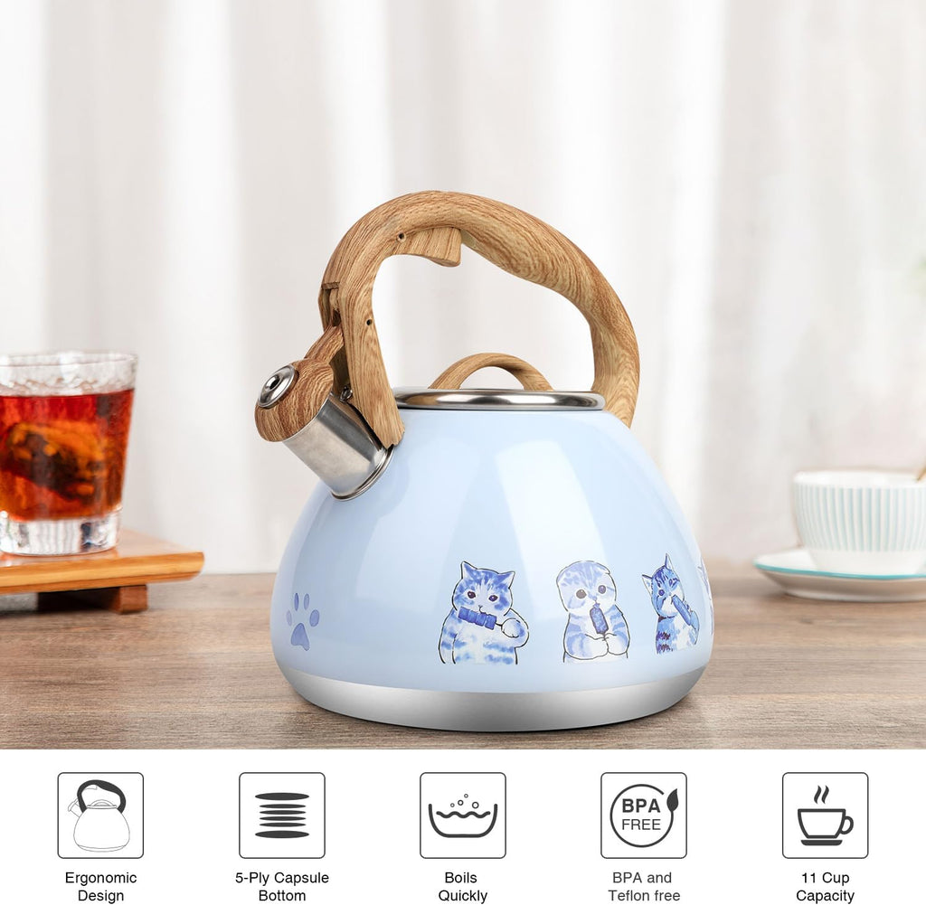 Tea Kettle, Toptier Teapot Whistling Kettle with Wood Pattern Handle Loud Whistle, Food Grade Stainless Steel Tea Pot for Stovetops Induction Water Kettle, 2.7-Quart Blue Cat