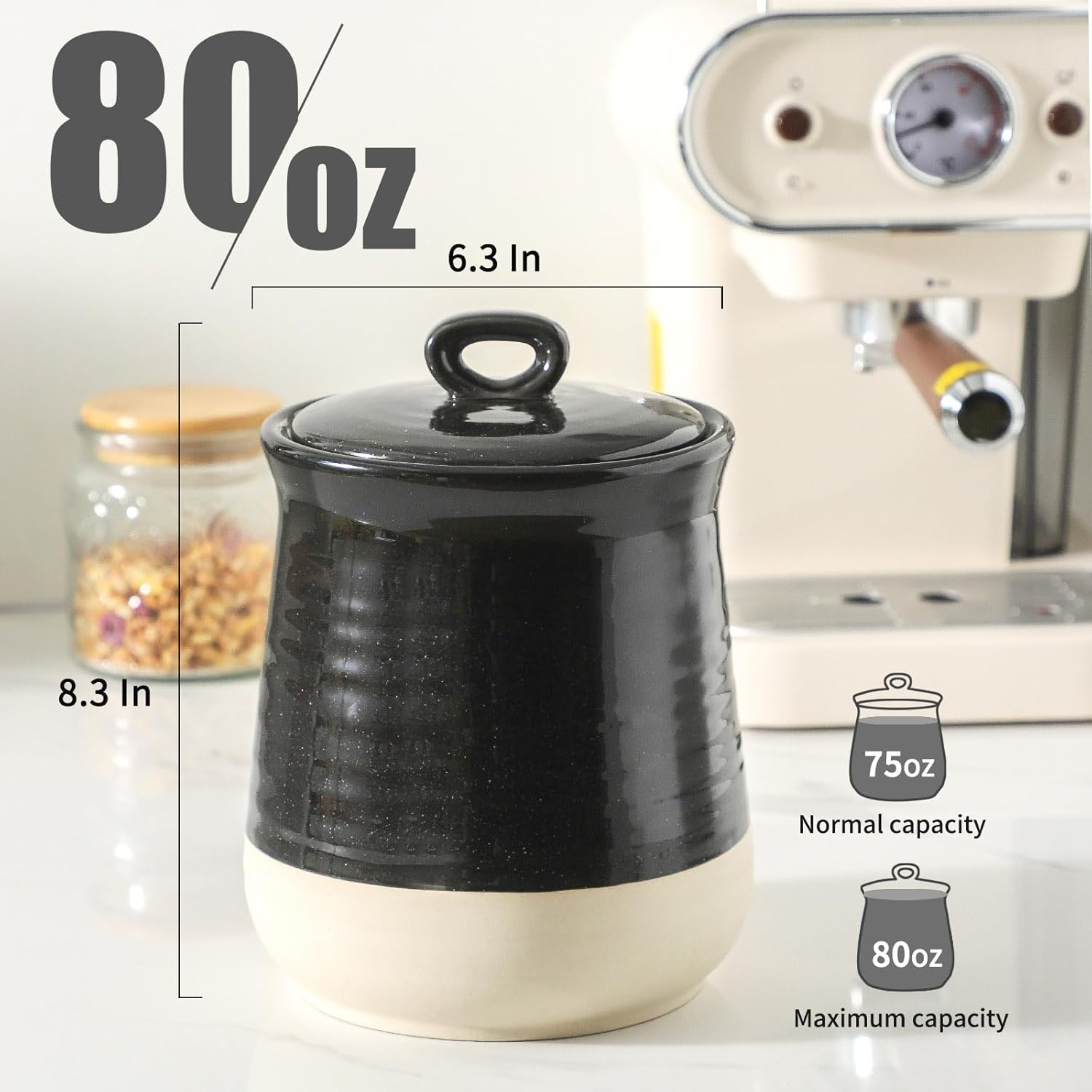Hasense Ceramic Kitchen Canister, 75 OZ Coffee Canister with Lid, Airtight Food Storage Jar for Coffee Bean, Nuts, Candy, Spice, Flour and Herb, Large Food Container, Kitchen Decor, Black