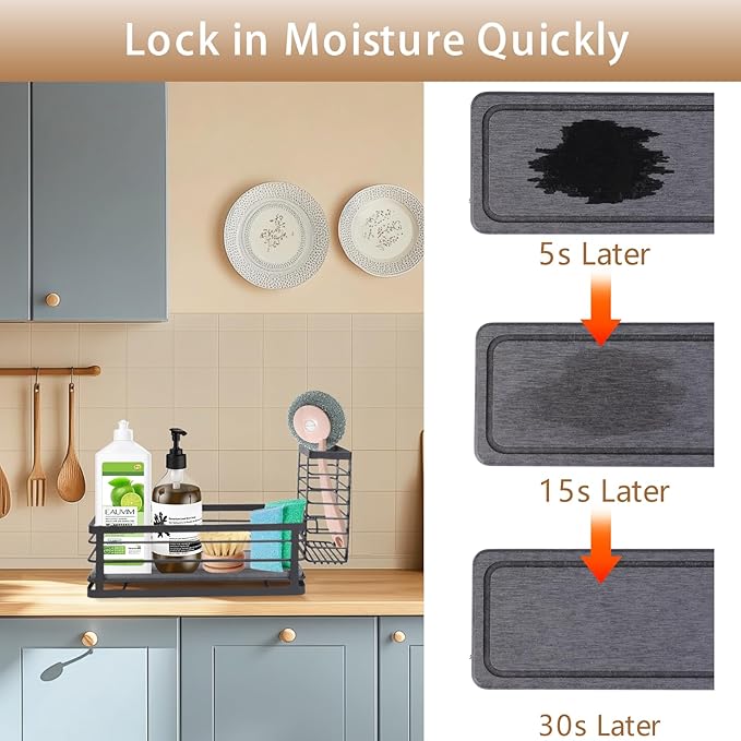 Kitchen Sink Caddy Organizer, 10.5" X 4.0" X 3.6" Sink Sponge Holder for Kitchen with Instant Drying Stone and Dish Brush Holder, Bathroom Organizer for Sponges, Scrubbers, Soap